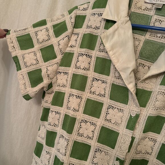 Flat White By Anthropologie Green And White Checker Crochet Button-Up Top Sz L - Picture 3 of 5